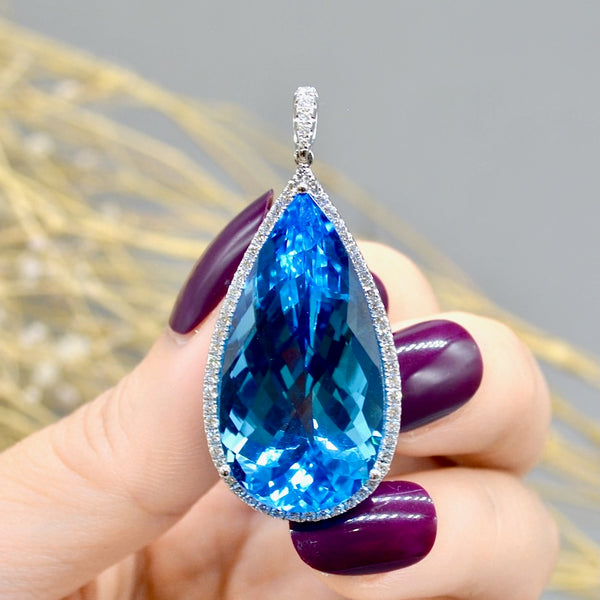 Large Swiss Blue Topaz & Diamond 18ct White Gold Pear-Shaped Pendant (35.41cts)