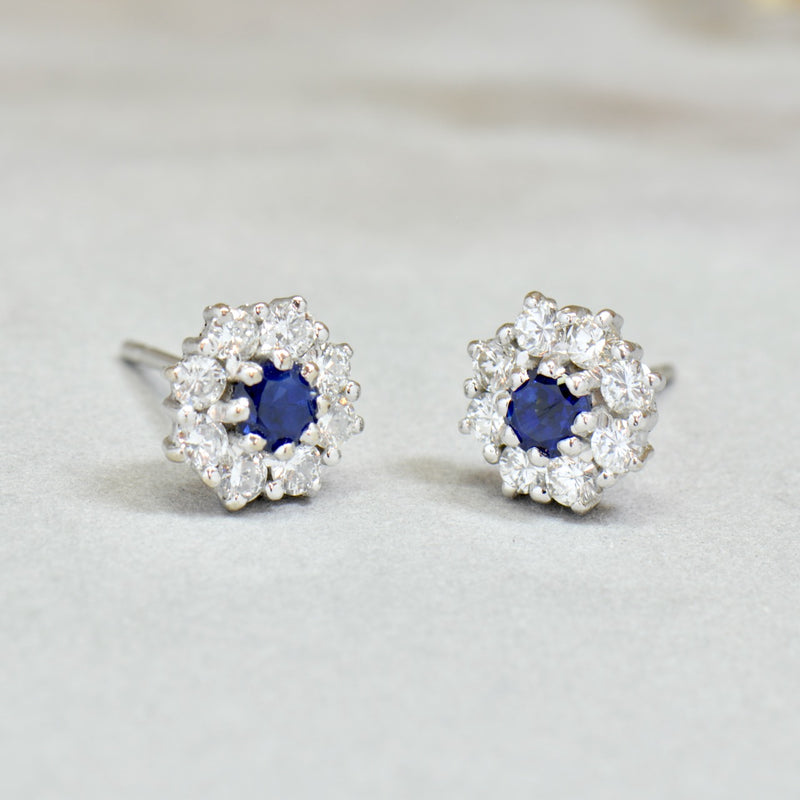 18ct White Gold Sapphire & Diamond Halo Daisy Stud Earrings by Cropp & Farr (1.27cts)