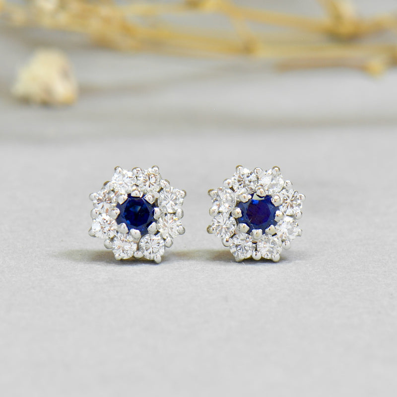 18ct White Gold Sapphire & Diamond Halo Daisy Stud Earrings by Cropp & Farr (1.27cts)