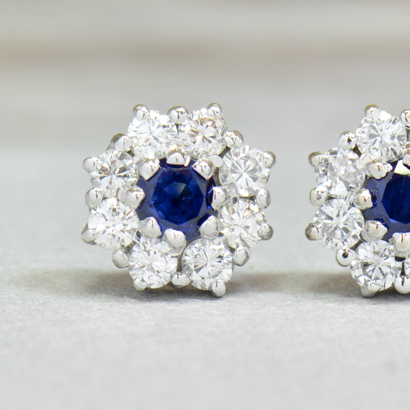 18ct White Gold Sapphire & Diamond Halo Daisy Stud Earrings by Cropp & Farr (1.27cts)