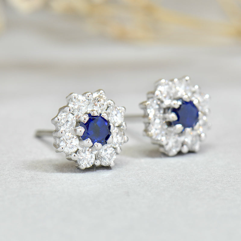 18ct White Gold Sapphire & Diamond Halo Daisy Stud Earrings by Cropp & Farr (1.27cts)