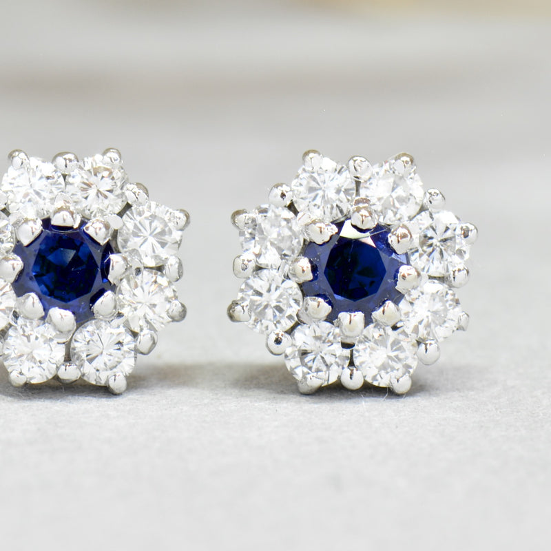 18ct White Gold Sapphire & Diamond Halo Daisy Stud Earrings by Cropp & Farr (1.27cts)