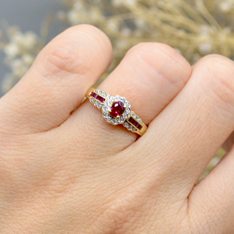 Ruby and Diamond 18ct Yellow Gold Halo Engagement Ring