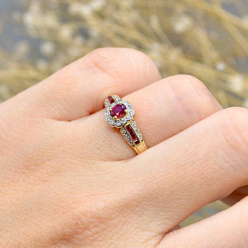 Ruby and Diamond 18ct Yellow Gold Halo Engagement Ring