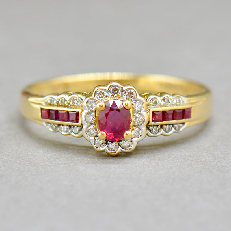 Ruby and Diamond 18ct Yellow Gold Halo Engagement Ring