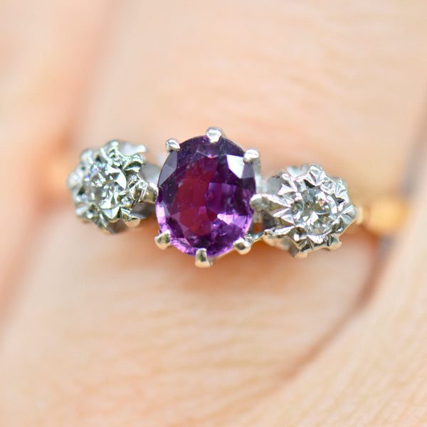 Art Deco No Heat Purple Sapphire & Old Cut Diamond 18ct Yellow Gold Trilogy Engagement Ring (0.65ct)