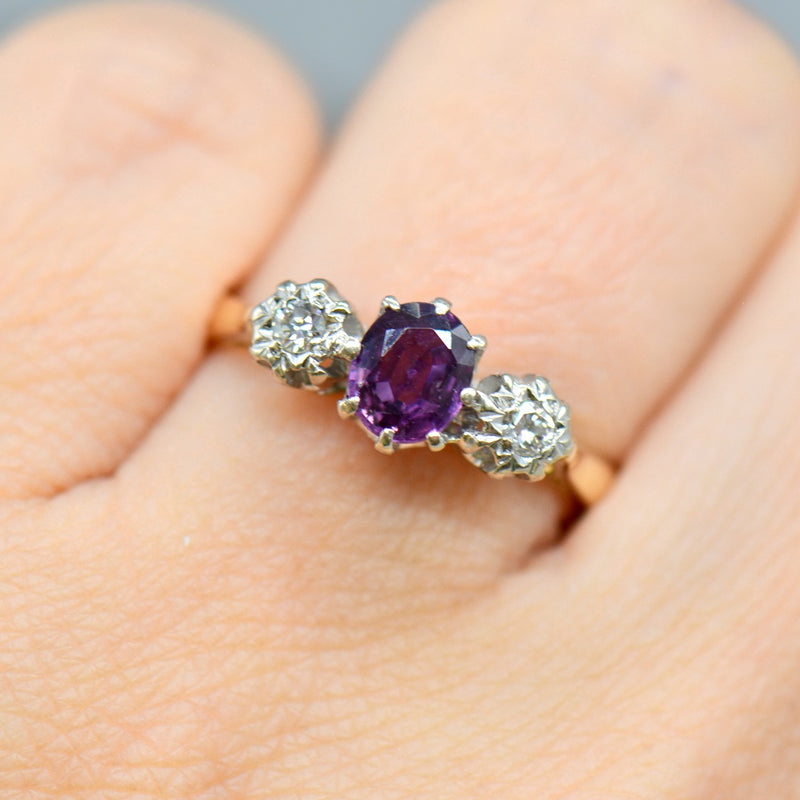 Art Deco No Heat Purple Sapphire & Old Cut Diamond 18ct Yellow Gold Trilogy Engagement Ring (0.65ct)