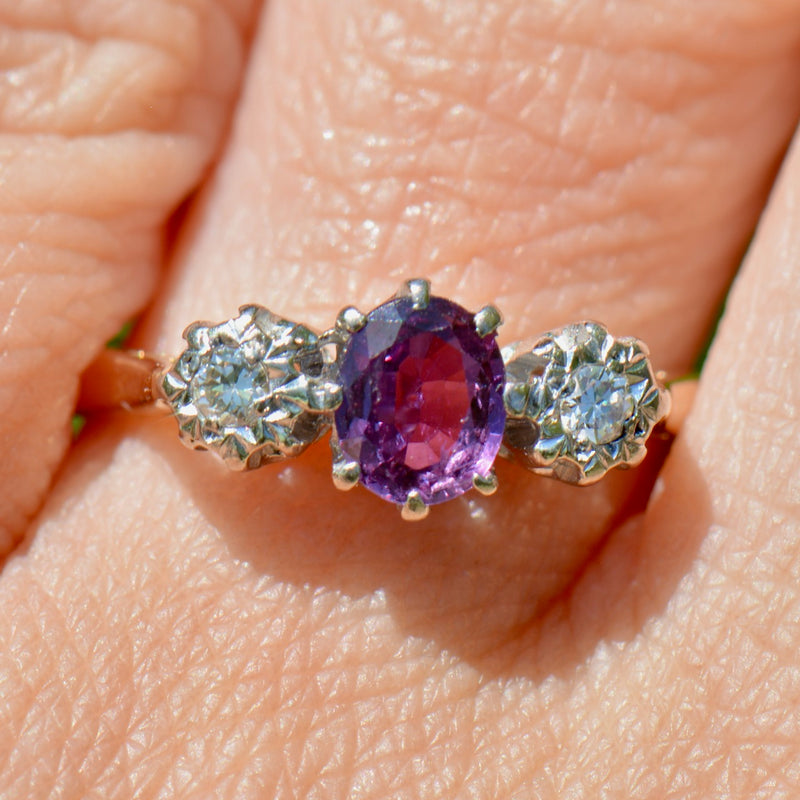 Art Deco No Heat Purple Sapphire & Old Cut Diamond 18ct Yellow Gold Trilogy Engagement Ring (0.65ct)