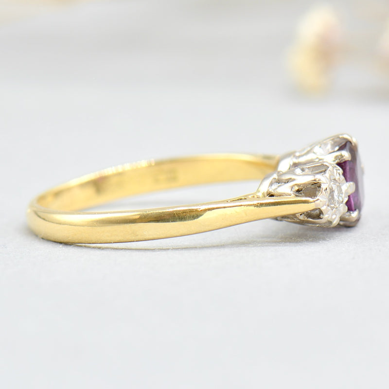 Art Deco No Heat Purple Sapphire & Old Cut Diamond 18ct Yellow Gold Trilogy Engagement Ring (0.65ct)