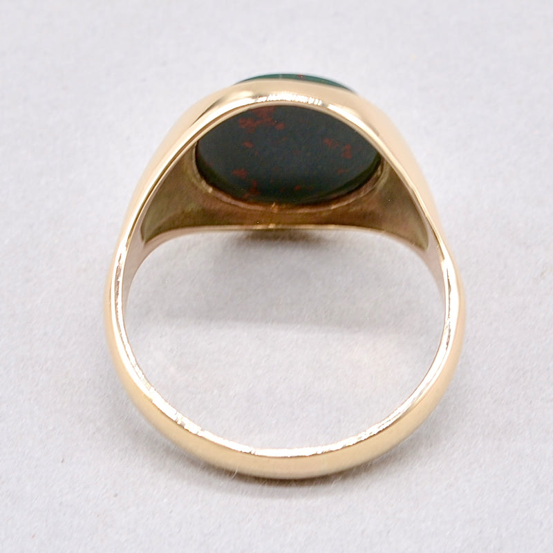 Vintage 1970s Bloodstone 9ct Yellow Gold Mens Oval Signet Ring