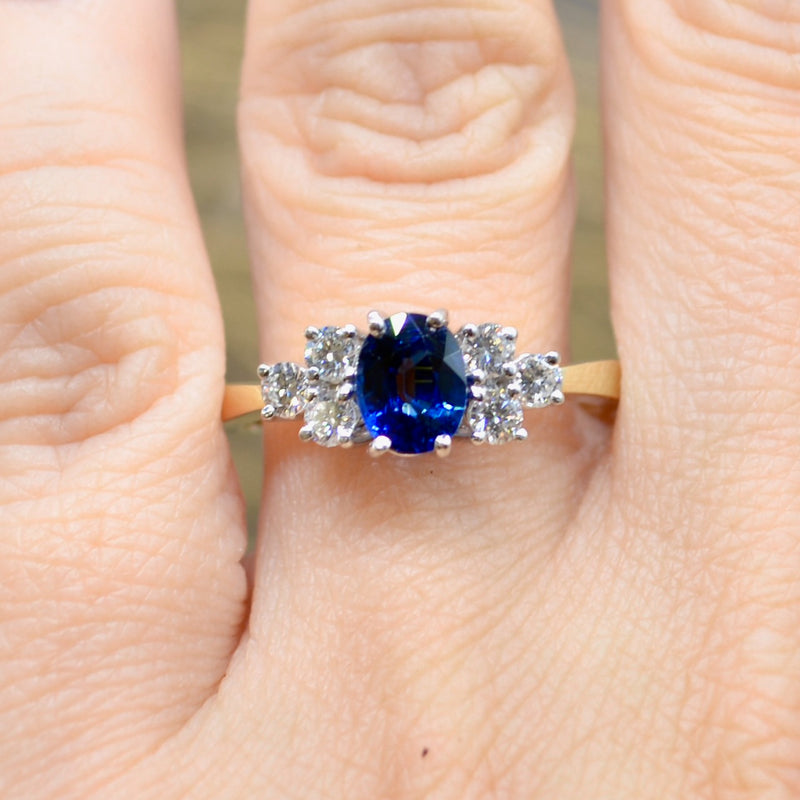 1990s Royal Blue Sapphire & Diamond 18ct Yellow Gold Engagement Ring (1.33cts)