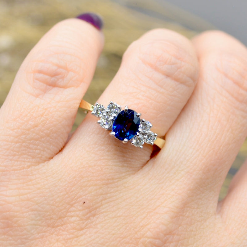 1990s Royal Blue Sapphire & Diamond 18ct Yellow Gold Engagement Ring (1.33cts)