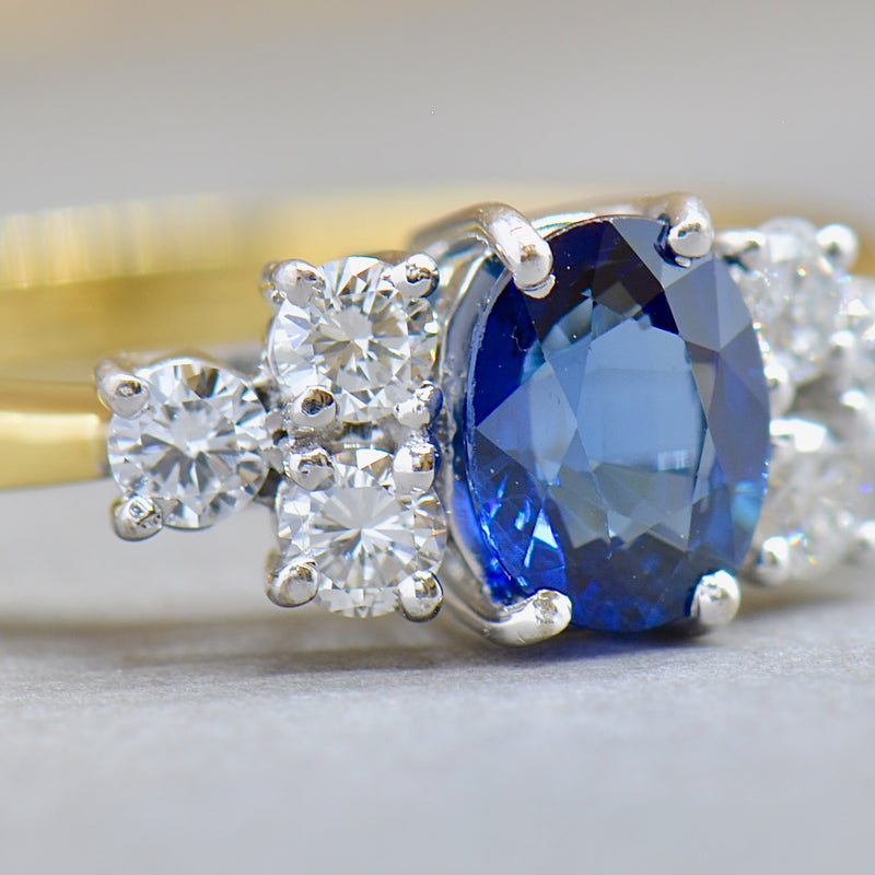 1990s Royal Blue Sapphire & Diamond 18ct Yellow Gold Engagement Ring (1.33cts)