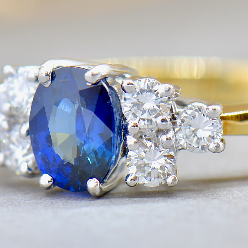 1990s Royal Blue Sapphire & Diamond 18ct Yellow Gold Engagement Ring (1.33cts)