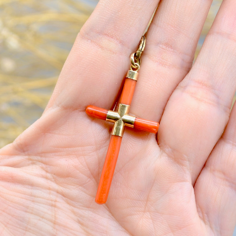 Antique 14ct Yellow Gold Coral Cross Pendant with Engraved Split Ring