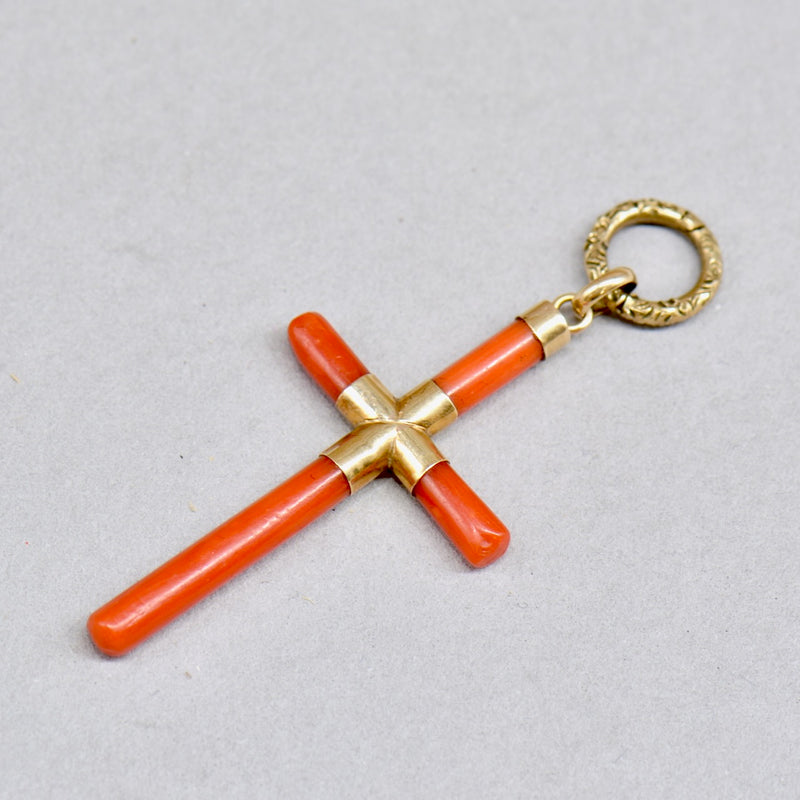 Antique 14ct Yellow Gold Coral Cross Pendant with Engraved Split Ring