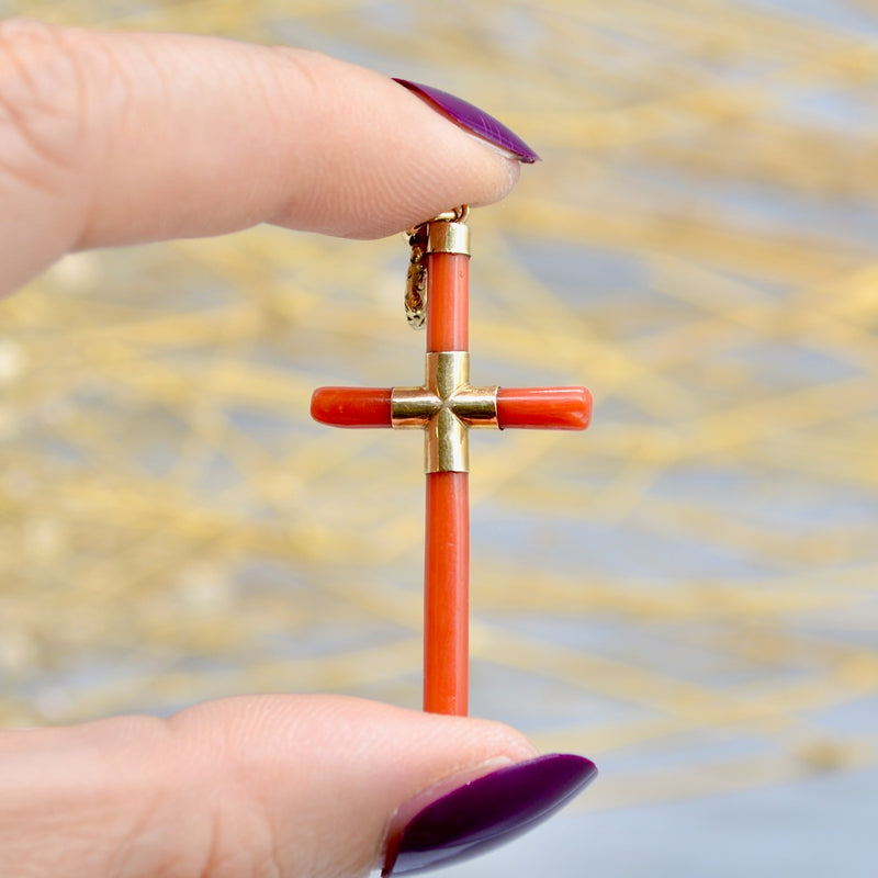 Antique 14ct Yellow Gold Coral Cross Pendant with Engraved Split Ring