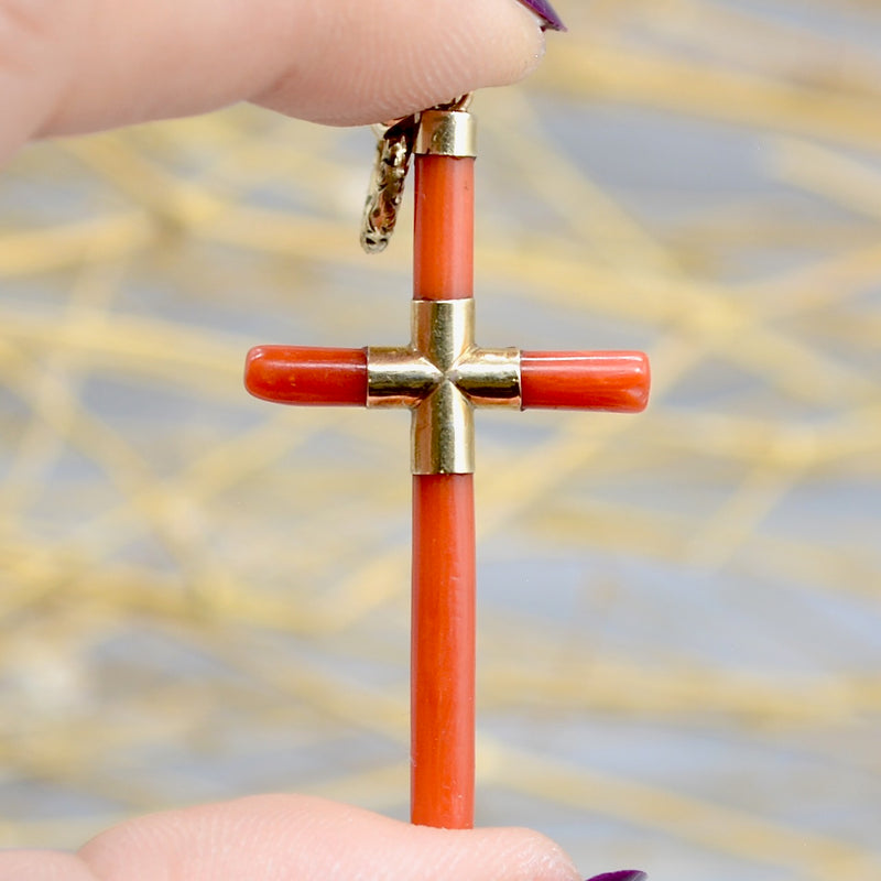 Antique 14ct Yellow Gold Coral Cross Pendant with Engraved Split Ring