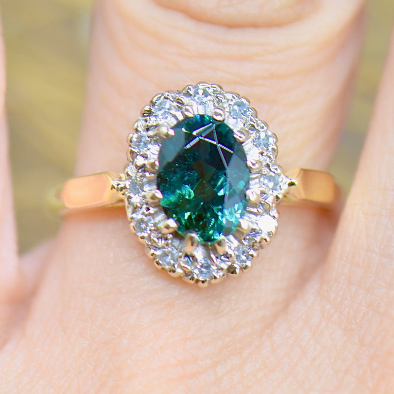 1970s Teal Tourmaline and Diamond 18CT Yellow Gold Halo Engagement Ring (1.54cts)