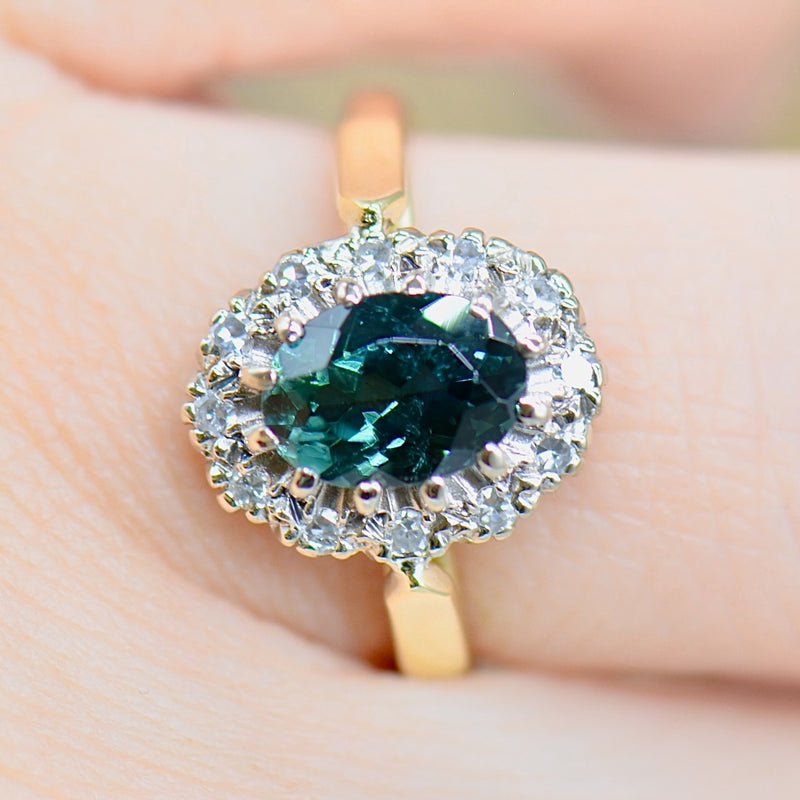 1970s Teal Tourmaline and Diamond 18CT Yellow Gold Halo Engagement Ring (1.54cts)