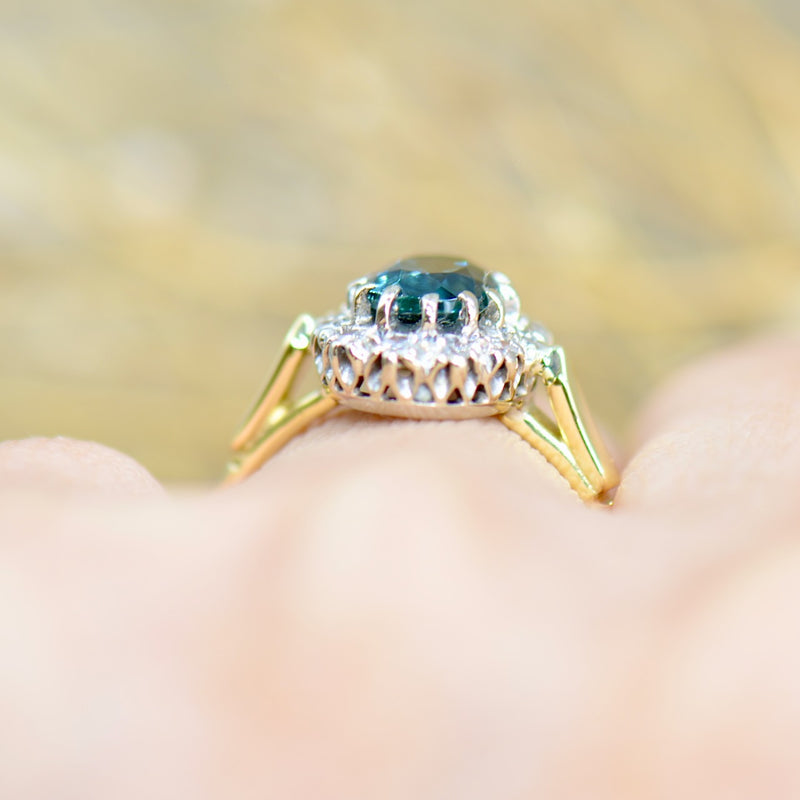 1970s Teal Tourmaline and Diamond 18CT Yellow Gold Halo Engagement Ring (1.54cts)