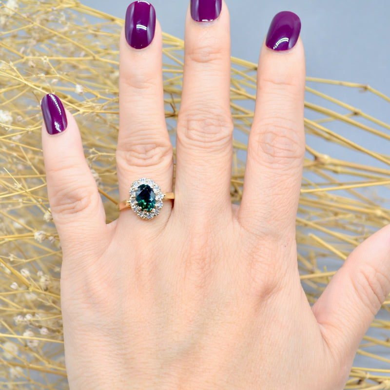 1970s Teal Tourmaline and Diamond 18CT Yellow Gold Halo Engagement Ring (1.54cts)