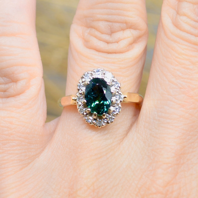 1970s Teal Tourmaline and Diamond 18CT Yellow Gold Halo Engagement Ring (1.54cts)