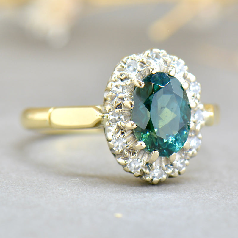 1970s Teal Tourmaline and Diamond 18CT Yellow Gold Halo Engagement Ring (1.54cts)