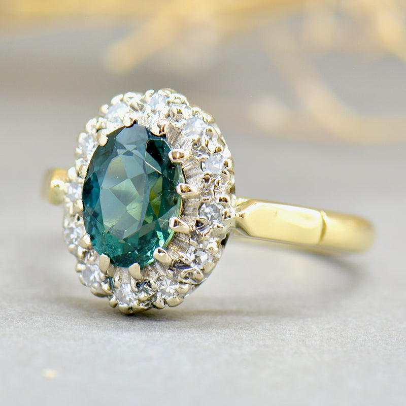 1970s Teal Tourmaline and Diamond 18CT Yellow Gold Halo Engagement Ring (1.54cts)