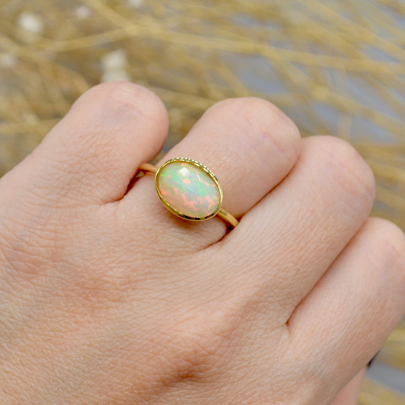 Ethiopian Opal Cabochon Gold Plated Silver Bezel Set Ring (1.76 Carats)