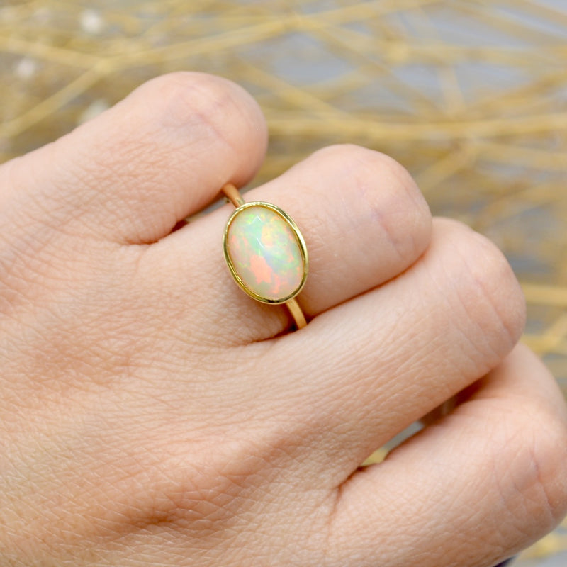 Ethiopian Opal Cabochon Gold Plated Silver Bezel Set Ring (1.76 Carats)