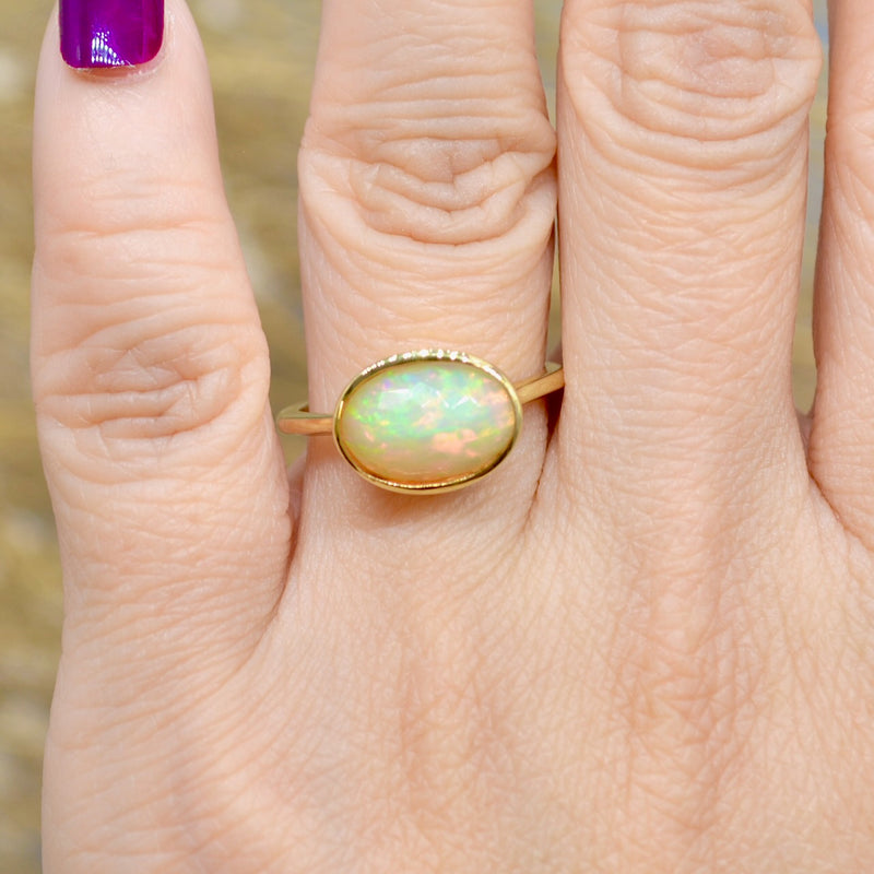 Ethiopian Opal Cabochon Gold Plated Silver Bezel Set Ring (1.76 Carats)