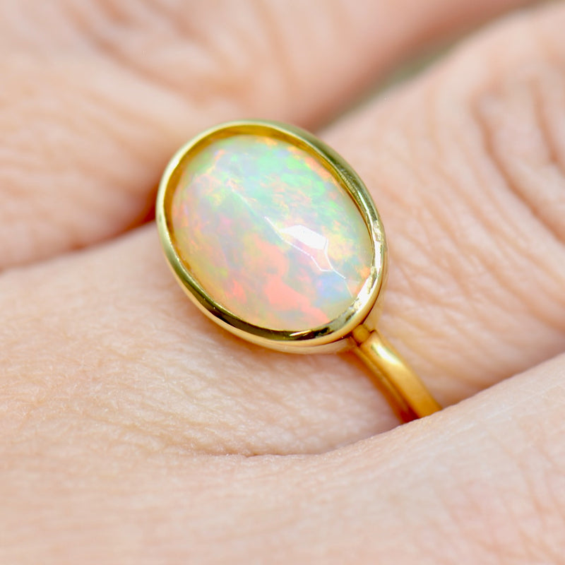 Ethiopian Opal Cabochon Gold Plated Silver Bezel Set Ring (1.76 Carats)