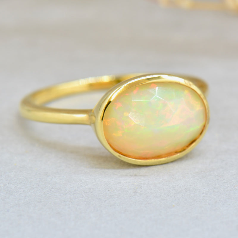 Ethiopian Opal Cabochon Gold Plated Silver Bezel Set Ring (1.76 Carats)