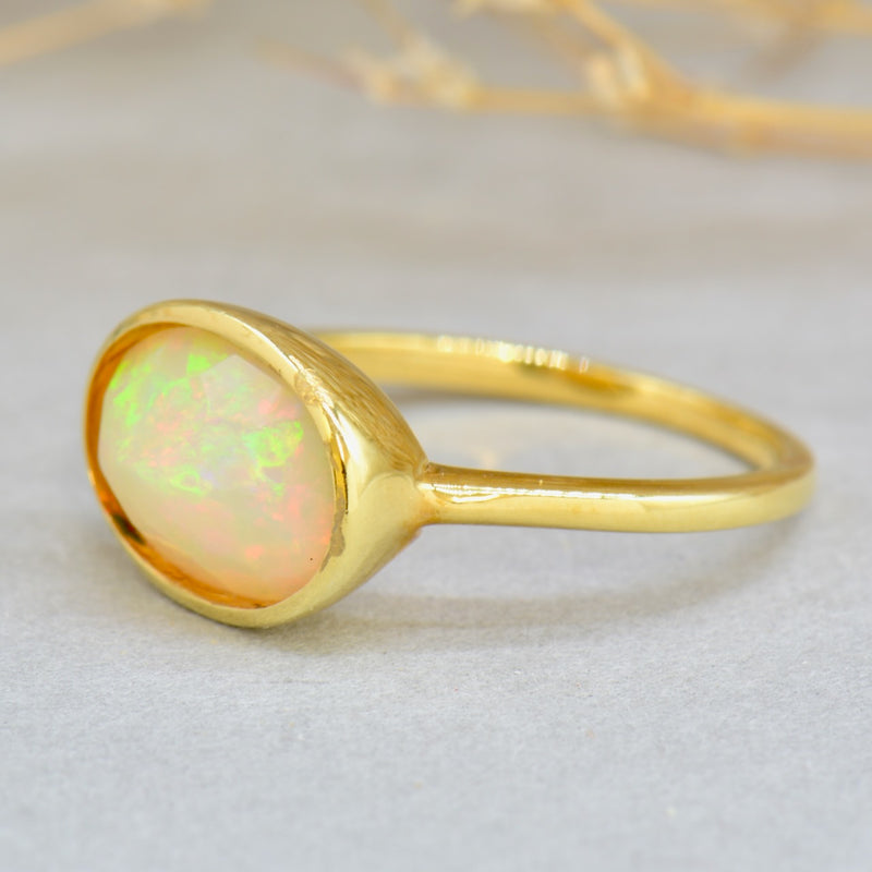 Ethiopian Opal Cabochon Gold Plated Silver Bezel Set Ring (1.76 Carats)