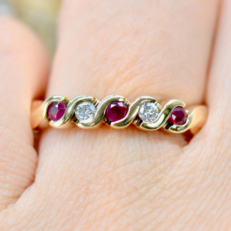 1990s Ruby and Diamond 9ct Yellow Gold half Eternity Band (0.31ct)