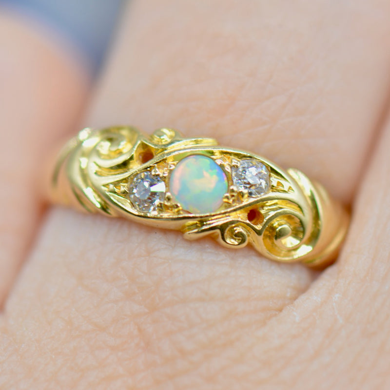 Edwardian 1906 Australian Opal and Old Mine Cut Diamond 18ct Yellow Gold Ring