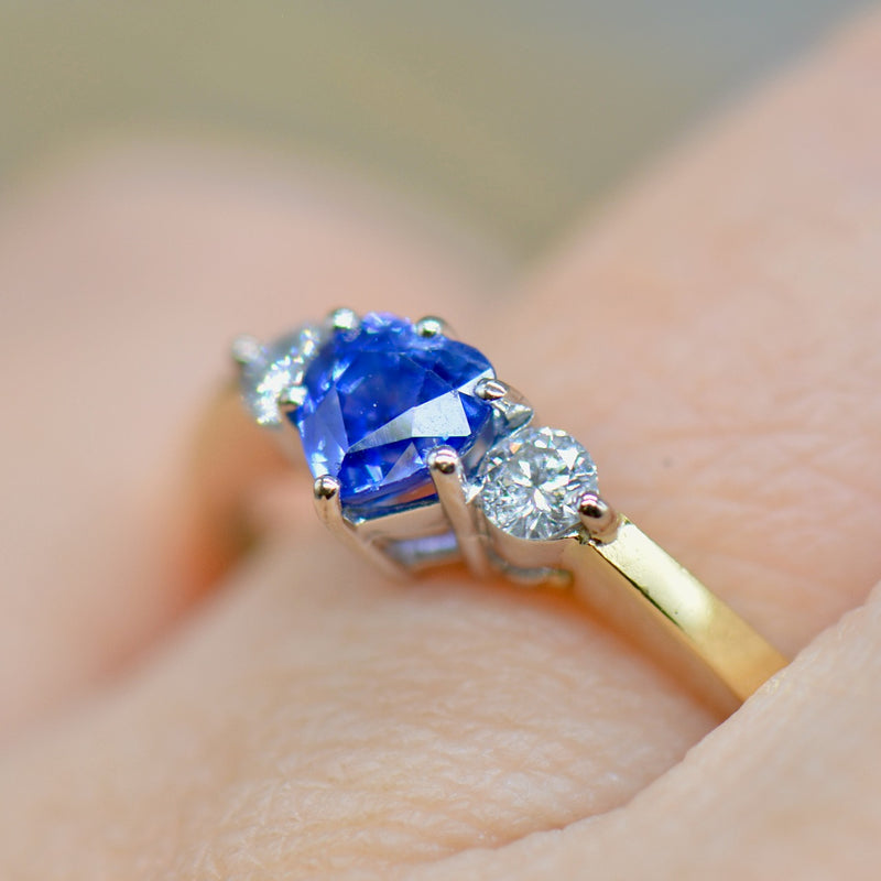 1980s Cornflower Blue Heart Shaped Sapphire & Diamond 18ct Yellow Gold Trilogy Ring (0.83ct)