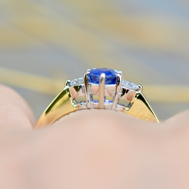 1980s Cornflower Blue Heart Shaped Sapphire & Diamond 18ct Yellow Gold Trilogy Ring (0.83ct)