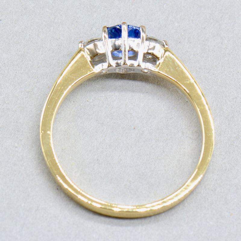 1980s Cornflower Blue Heart Shaped Sapphire & Diamond 18ct Yellow Gold Trilogy Ring (0.83ct)