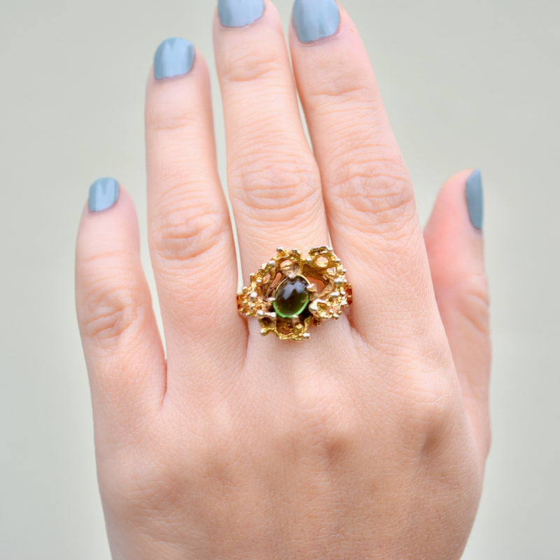 Vintage Brutalist Abstract Modernistic Green Tourmaline Ring