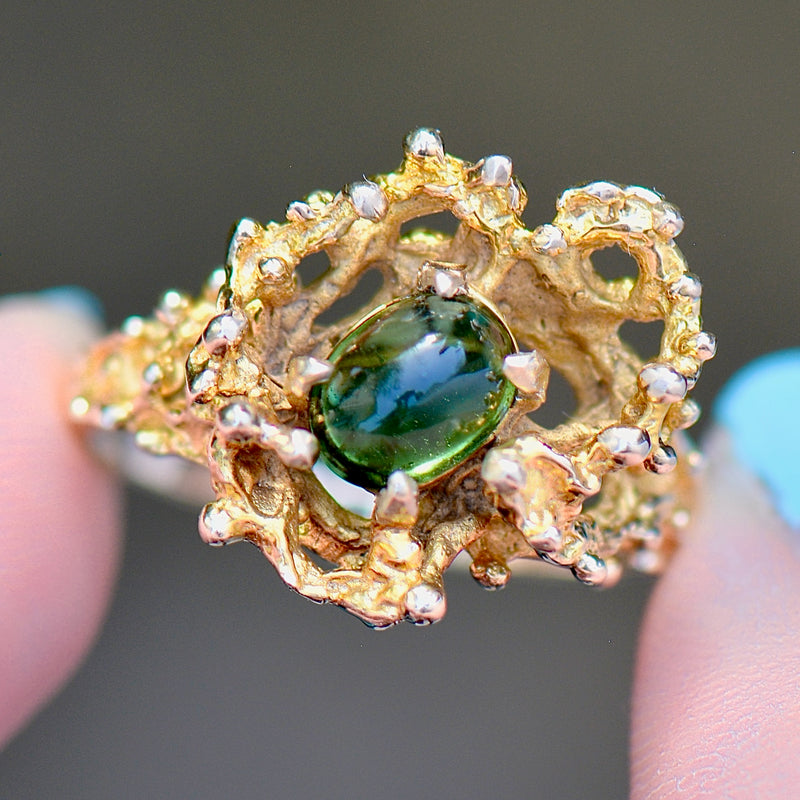 Vintage Brutalist Abstract Modernistic Green Tourmaline Ring