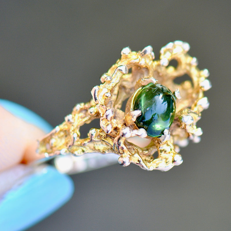 Vintage Brutalist Abstract Modernistic Green Tourmaline Ring