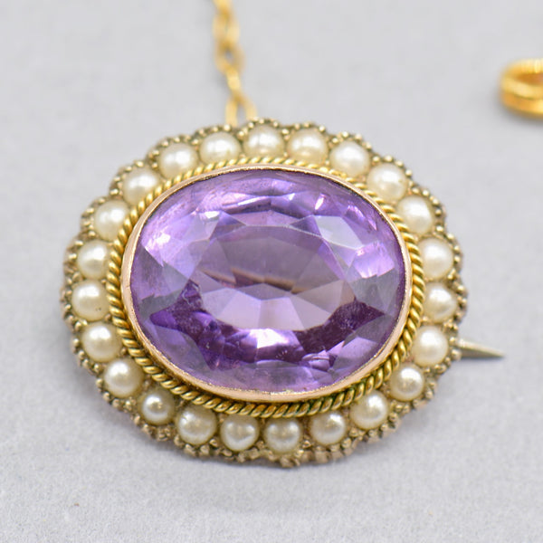 古董维多利亚紫水晶和珍珠籽胸针带安全链