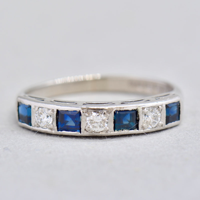 Vintage 1970s Sapphire and Diamond (VS/G-H) 18ct White Gold Seven-Stone Band (0.88ct)