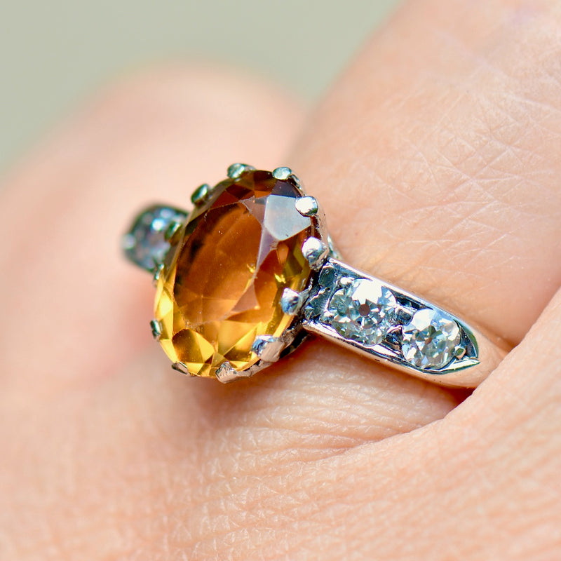 Antique Citrine & Old Mine Cut Diamond 18ct Yellow Gold Ring (2.50 Carats)