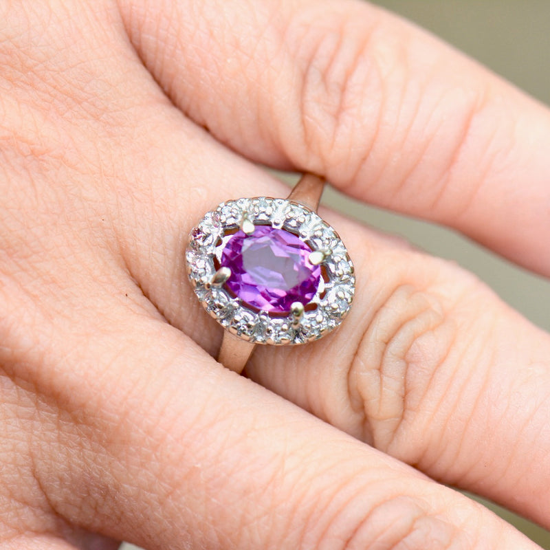 Vintage Synthetic Purple Sapphire & Diamond Halo Ring (1.83cts)