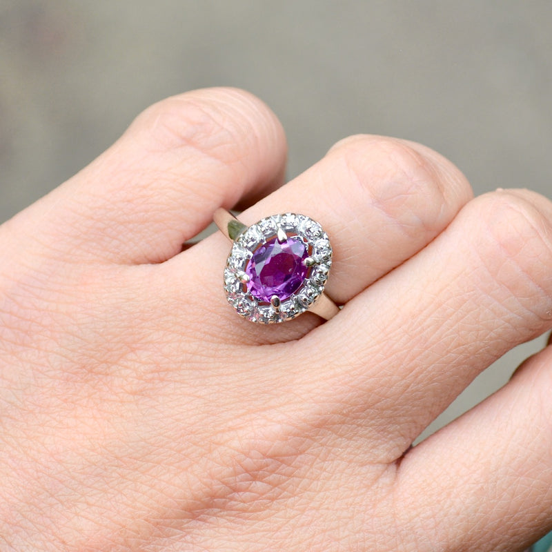 Vintage Synthetic Purple Sapphire & Diamond Halo Ring (1.83cts)