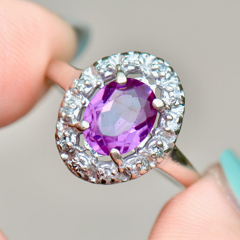 Vintage Synthetic Purple Sapphire & Diamond Halo Ring (1.83cts)