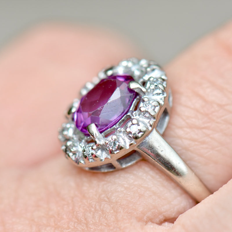 Vintage Synthetic Purple Sapphire & Diamond Halo Ring (1.83cts)